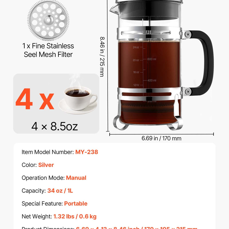 Franču kafijas prese, 1 l borosilikāta stikla ar nerūsējošā tērauda filtru, piemērota kafijai, tējai un aukstajai brūvēšanai, kempingam, ceļošanai un mājas virtuvei, sudraba krāsa