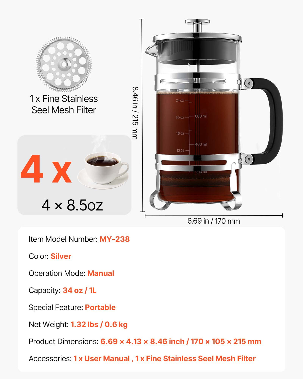 French Coffee Press, 1 L Borosilicate Glass with Stainless Steel Filter, Suitable for Coffee, Tea and Cold Brewing, Camping, Travel and Home Kitchen, Silver