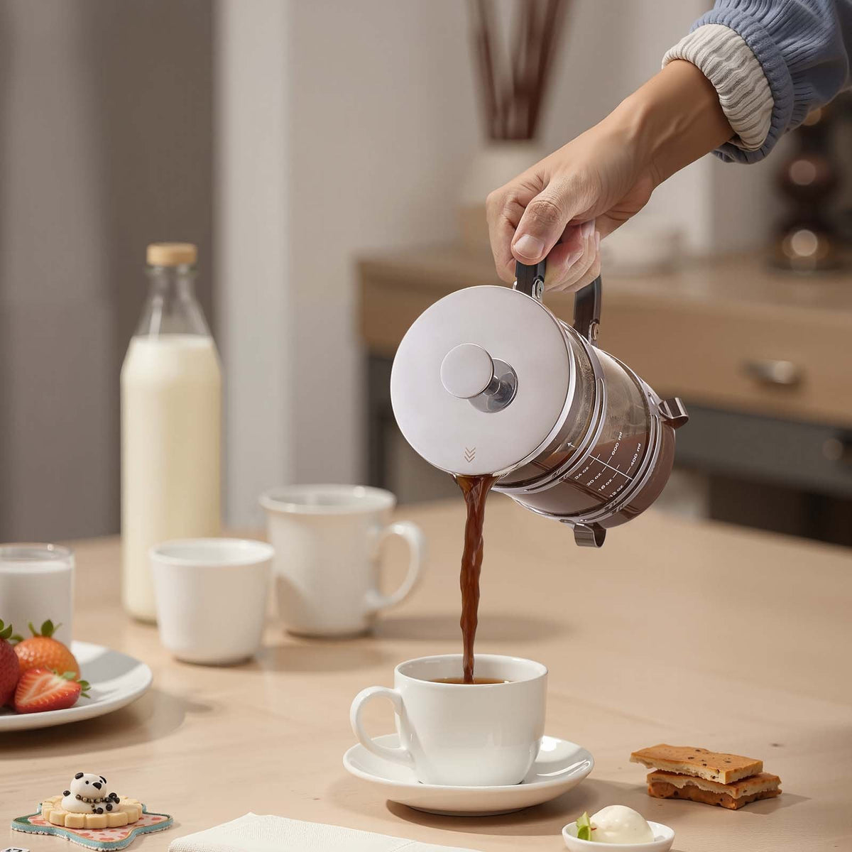 French Coffee Press, 1 L Borosilicate Glass with Stainless Steel Filter, Suitable for Coffee, Tea and Cold Brewing, Camping, Travel and Home Kitchen, Silver