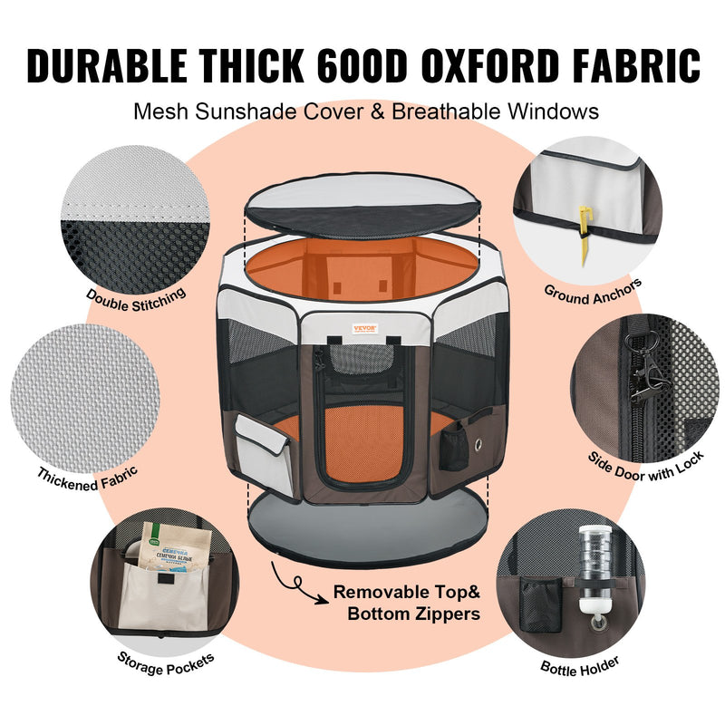 VEVOR Salokāms mājdzīvnieku rotaļu laukums, 91 cm, ūdensizturīgs 600D Oksforda audums, noņemams rāvējslēdzējs, astoņstūris, M
