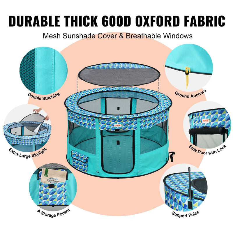 VEVOR Salokāms mājdzīvnieku rotaļu laukums, 1117 × 1117 × 609 mm, ūdensizturīgs, noņemams rāvējslēdzējs, 600D Oksforda audums, 8 ventilācijas paneļi, salokāms, piemērots iekštelpām un āra lietošanai, ceļojumiem un kempingam (apaļš, L)