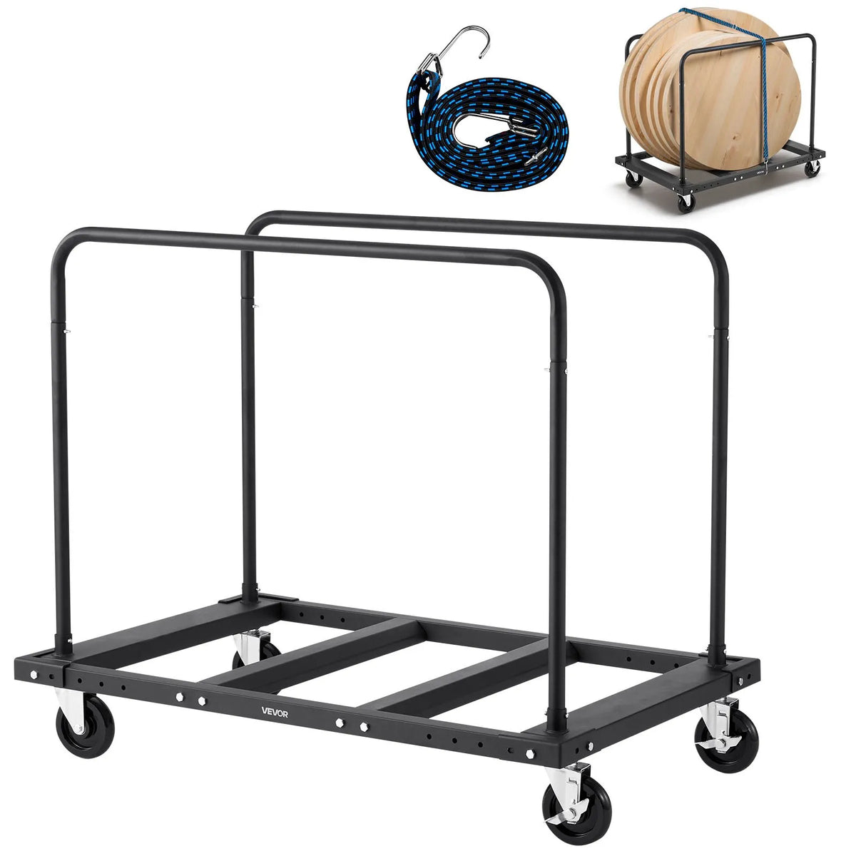 VEVOR Drywall and Panel Trolley, 816 kg Load Capacity, Steel Platform Cart with 12.5 mm Swivel Wheels, Wood and Drywall Moving Cart with Securing Straps and 2 Side Rails, Black