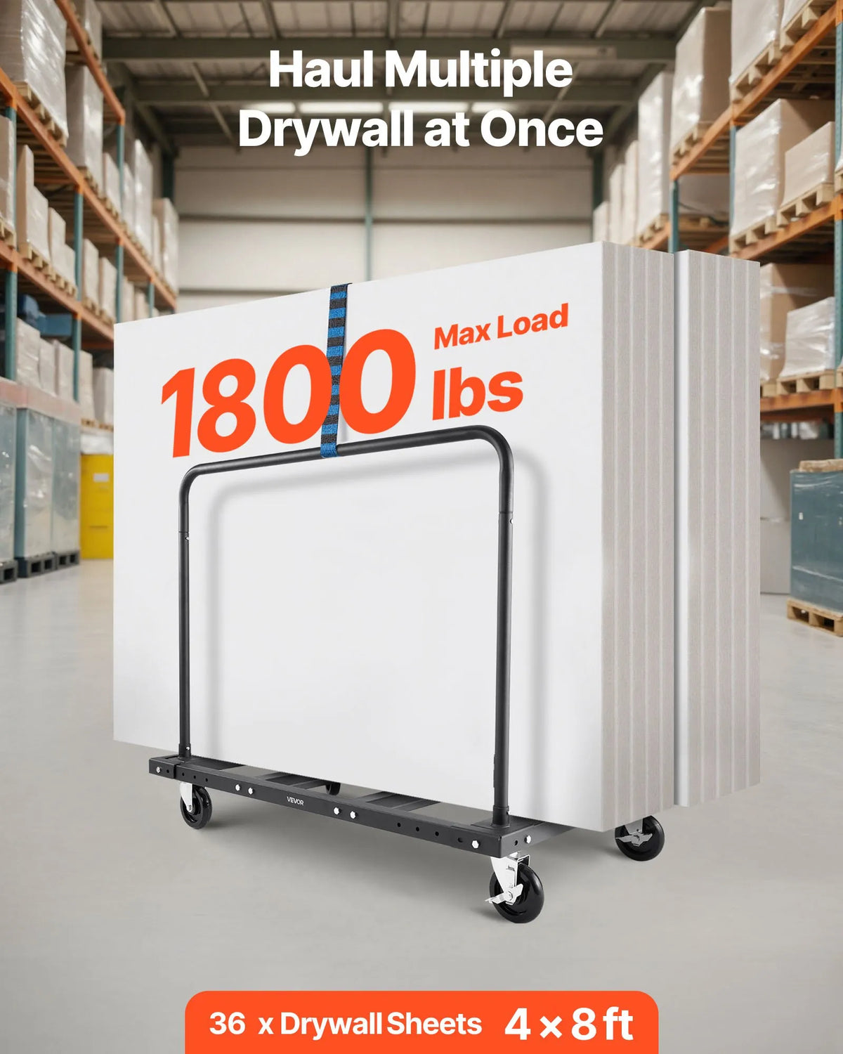 VEVOR Drywall and Panel Trolley, 816 kg Load Capacity, Steel Platform Cart with 12.5 mm Swivel Wheels, Wood and Drywall Moving Cart with Securing Straps and 2 Side Rails, Black