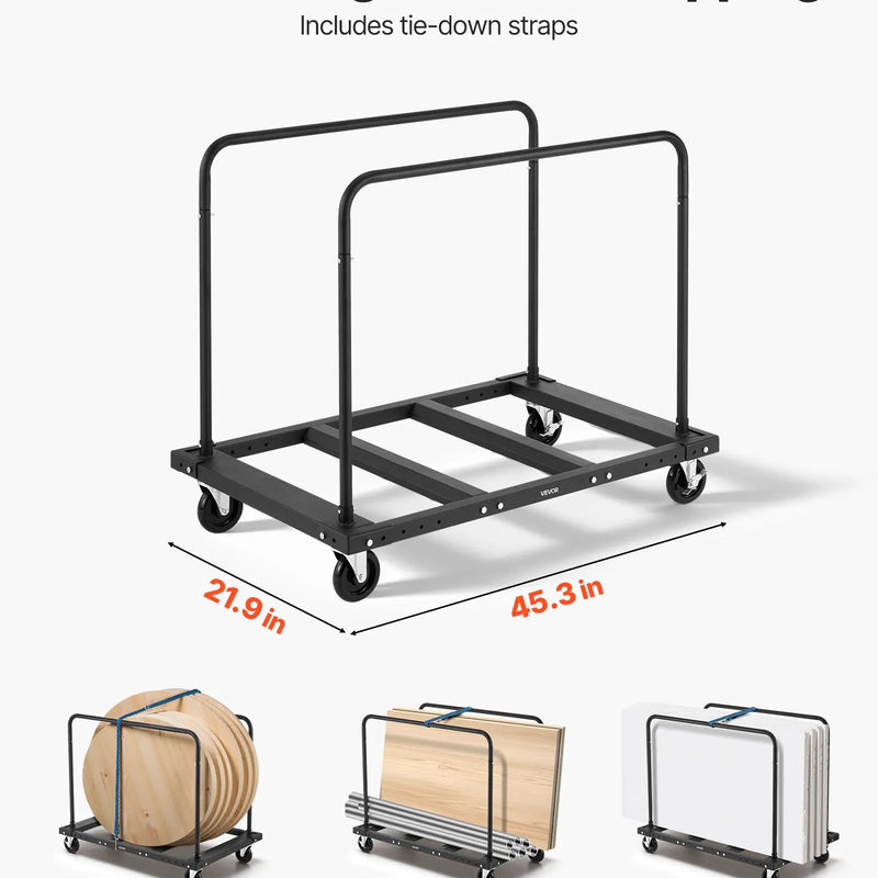 VEVOR ģipškartona un paneļu transportēšanas rati, 816 kg kravnesība, tērauda platformas rati ar 12,5 mm grozāmiem riteņiem, kokmateriālu un ģipškartona pārvietošanas rati ar stiprinājuma siksnu un 2 sānu margām, melni