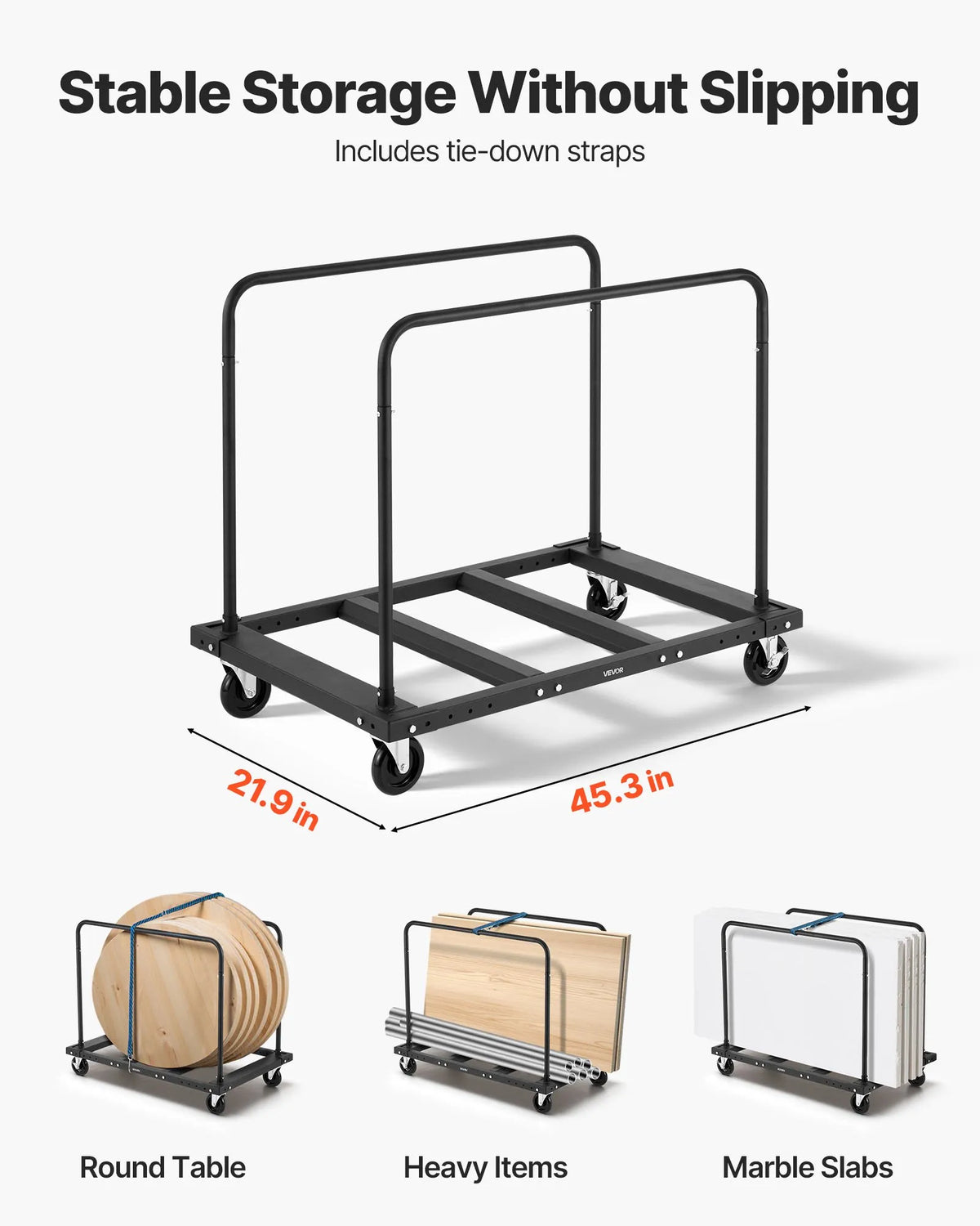 VEVOR Drywall and Panel Trolley, 816 kg Load Capacity, Steel Platform Cart with 12.5 mm Swivel Wheels, Wood and Drywall Moving Cart with Securing Straps and 2 Side Rails, Black