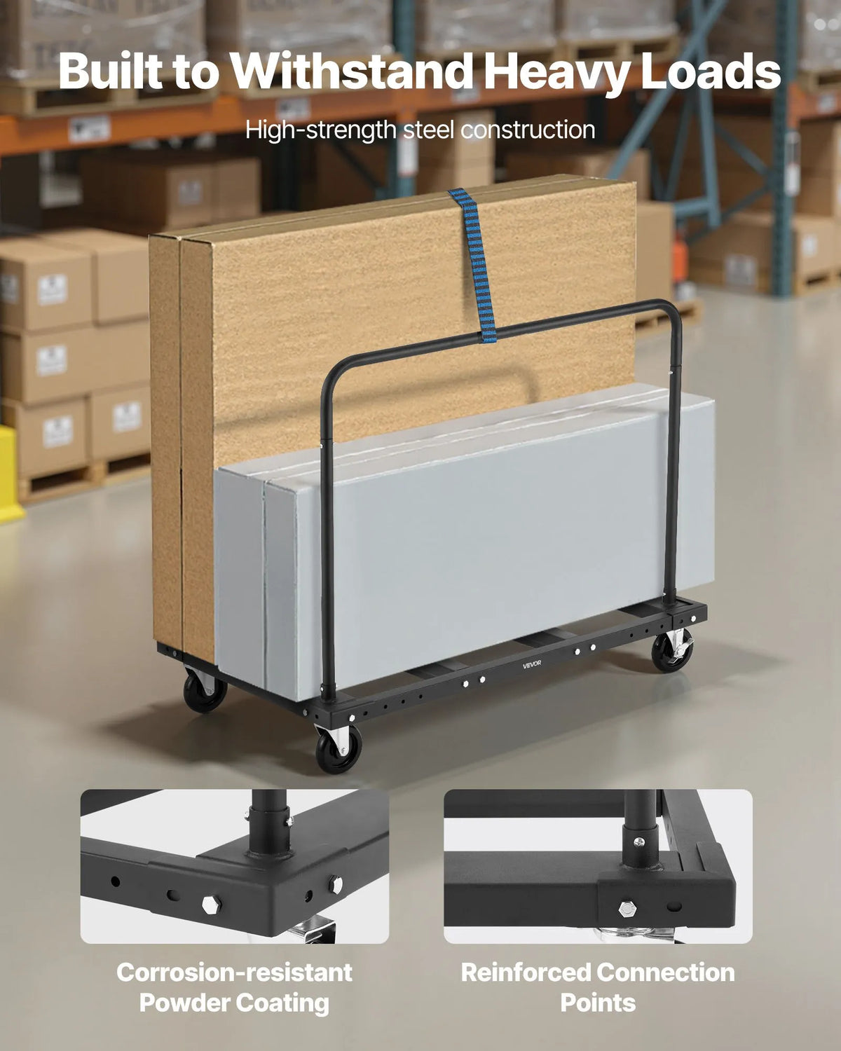 VEVOR Drywall and Panel Trolley, 816 kg Load Capacity, Steel Platform Cart with 12.5 mm Swivel Wheels, Wood and Drywall Moving Cart with Securing Straps and 2 Side Rails, Black