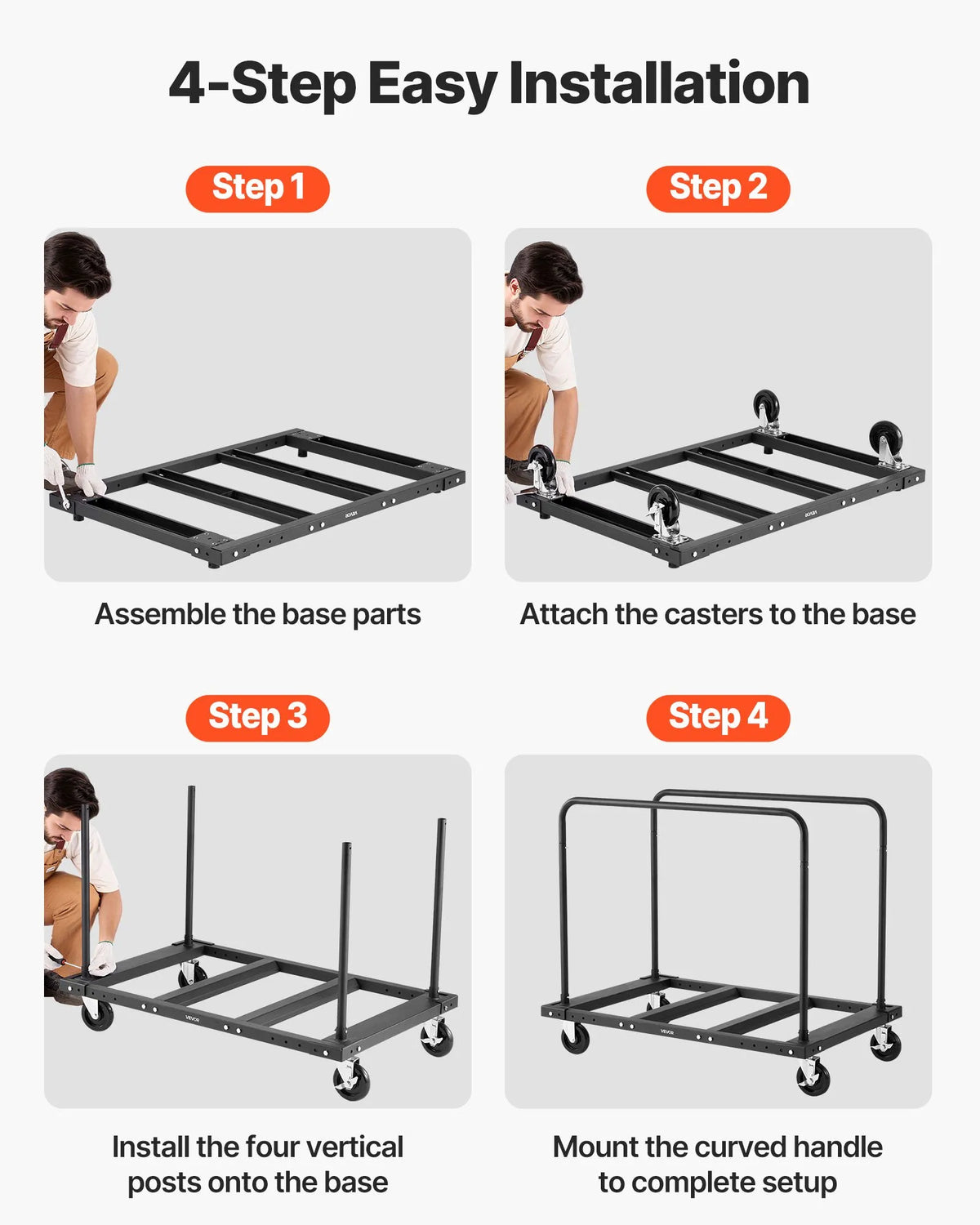 VEVOR Drywall and Panel Trolley, 816 kg Load Capacity, Steel Platform Cart with 12.5 mm Swivel Wheels, Wood and Drywall Moving Cart with Securing Straps and 2 Side Rails, Black