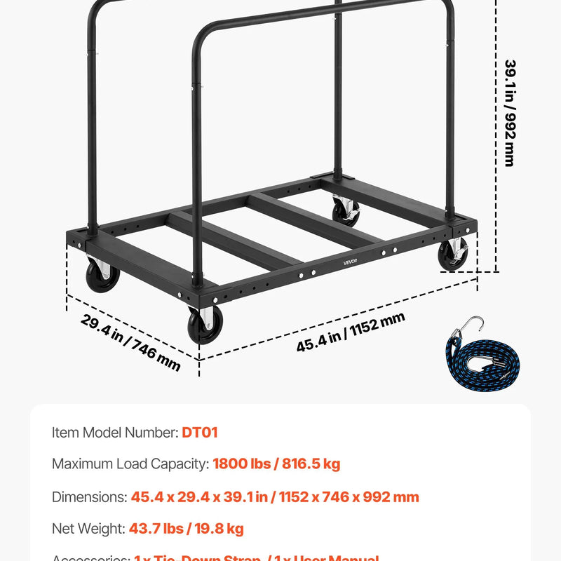 VEVOR ģipškartona un paneļu transportēšanas rati, 816 kg kravnesība, tērauda platformas rati ar 12,5 mm grozāmiem riteņiem, kokmateriālu un ģipškartona pārvietošanas rati ar stiprinājuma siksnu un 2 sānu margām, melni