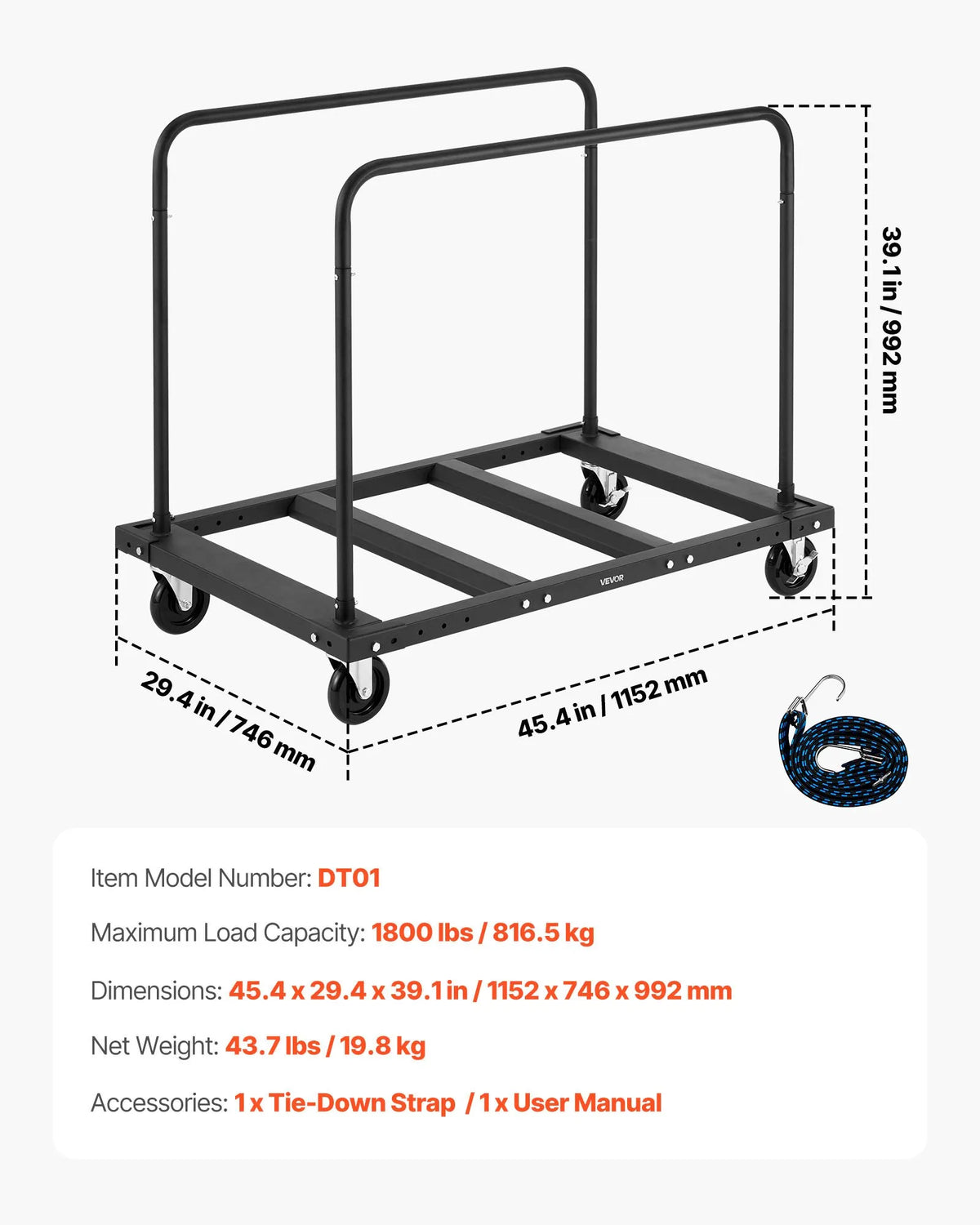 VEVOR Drywall and Panel Trolley, 816 kg Load Capacity, Steel Platform Cart with 12.5 mm Swivel Wheels, Wood and Drywall Moving Cart with Securing Straps and 2 Side Rails, Black