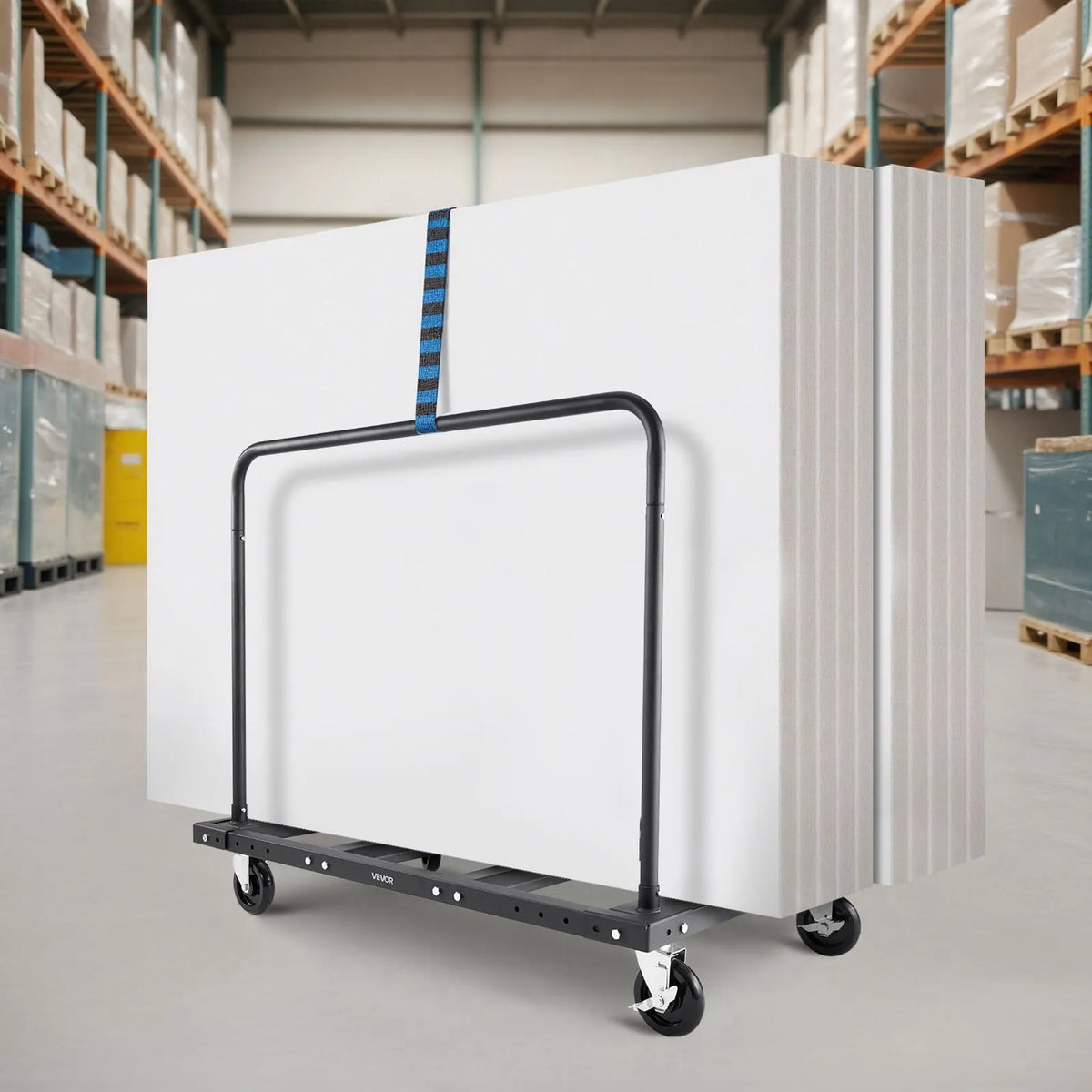 VEVOR Drywall and Panel Trolley, 816 kg Load Capacity, Steel Platform Cart with 12.5 mm Swivel Wheels, Wood and Drywall Moving Cart with Securing Straps and 2 Side Rails, Black