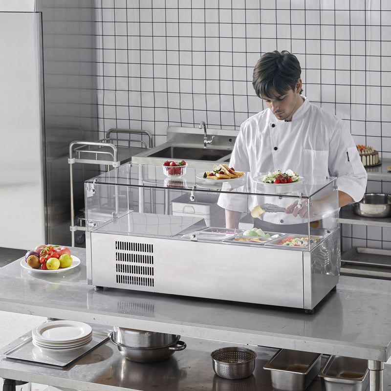 VEVOR galdvirsmas salātu un picas dzesēšanas vitrīna, 140 W, ar stikla aizsargu, CE sertificēta