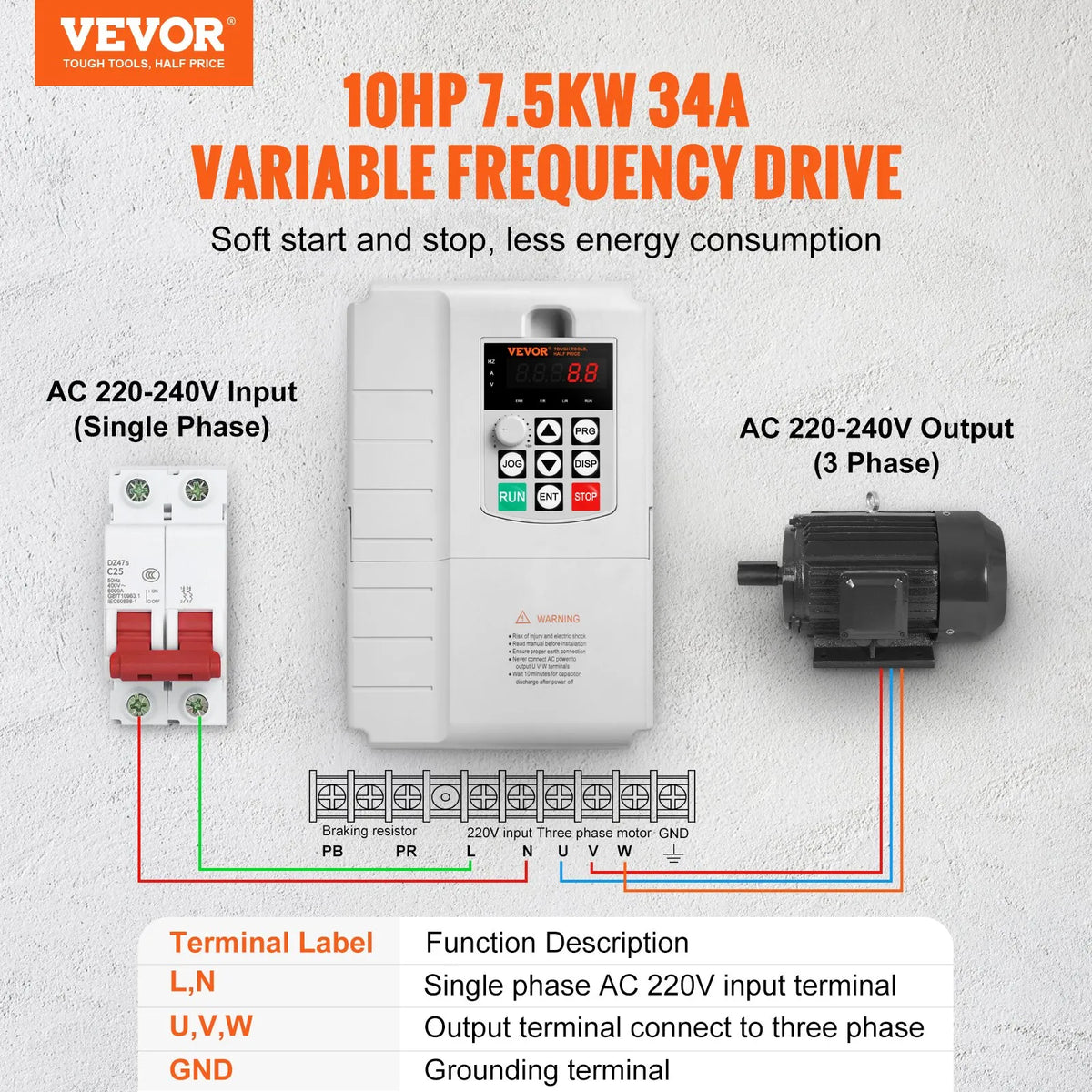 VEVOR frekvences pārveidotājs 7,5 kW 34 A ar 220–240 V vienfāzes ieeju uz 220–240 V trīsfāžu izeju, CNC invertors motora ātruma kontrolei - ZEMLETES.LV