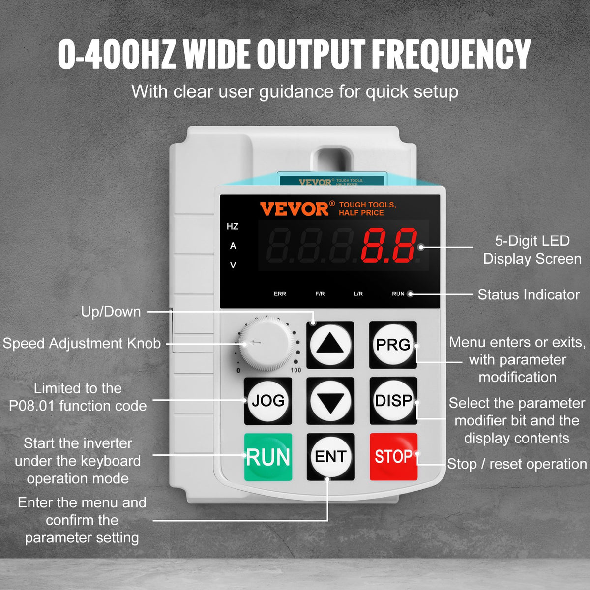 VEVOR frekvences pārveidotājs 7,5 kW 34 A ar 220–240 V vienfāzes ieeju uz 220–240 V trīsfāžu izeju, CNC invertors motora ātruma kontrolei - ZEMLETES.LV