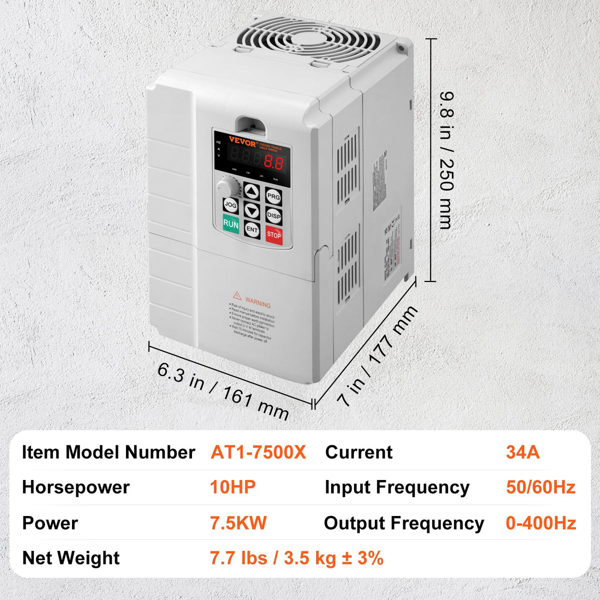VEVOR frekvences pārveidotājs 7,5 kW 34 A ar 220–240 V vienfāzes ieeju uz 220–240 V trīsfāžu izeju, CNC invertors motora ātruma kontrolei - ZEMLETES.LV