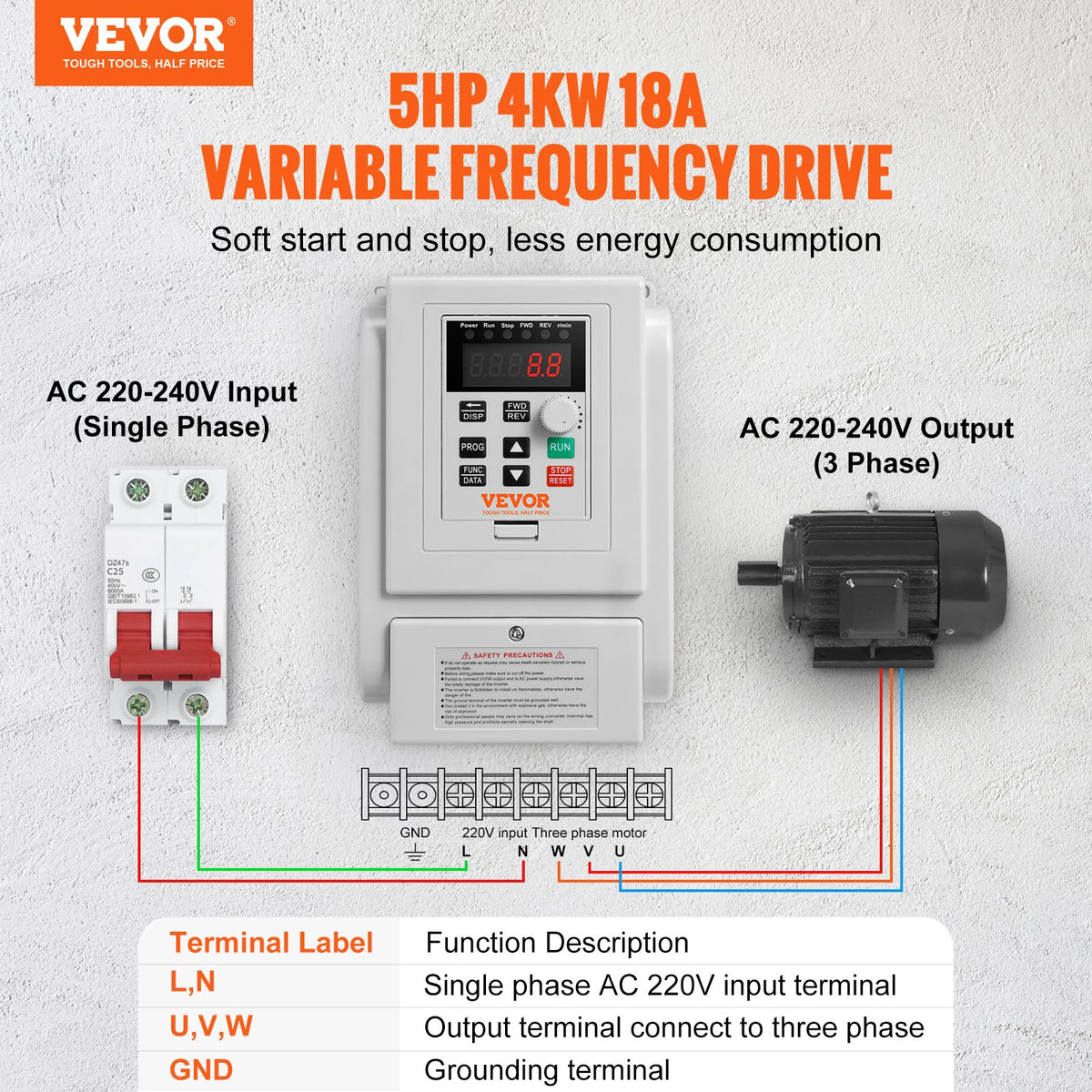 VEVOR frekvences pārveidotājs 4 kW 18 A ar 220–240 V vienfāzes ieeju uz 220–240 V trīsfāžu izeju, CNC invertors motora ātruma kontrolei - ZEMLETES.LV