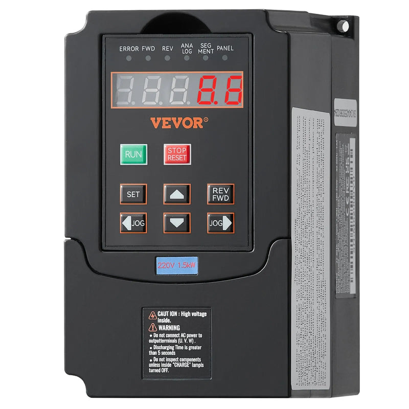 VEVOR frekvences pārveidotājs 1,5 kW 7,5 A ar 220 V (1 vai 3 fāzes) ieeju uz 220 V trīsfāžu izeju, CNC invertors motora ātruma kontrolei - ZEMLETES.LV