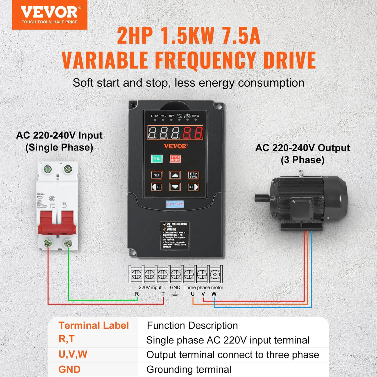 VEVOR frekvences pārveidotājs 1,5 kW 7,5 A ar 220 V (1 vai 3 fāzes) ieeju uz 220 V trīsfāžu izeju, CNC invertors motora ātruma kontrolei - ZEMLETES.LV
