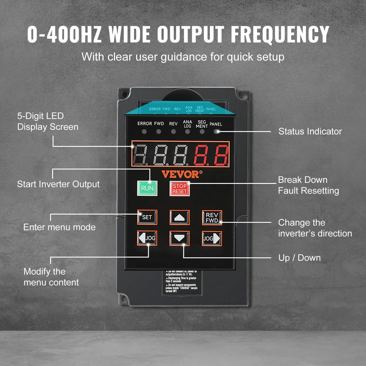 VEVOR frekvences pārveidotājs 1,5 kW 7,5 A ar 220 V (1 vai 3 fāzes) ieeju uz 220 V trīsfāžu izeju, CNC invertors motora ātruma kontrolei - ZEMLETES.LV