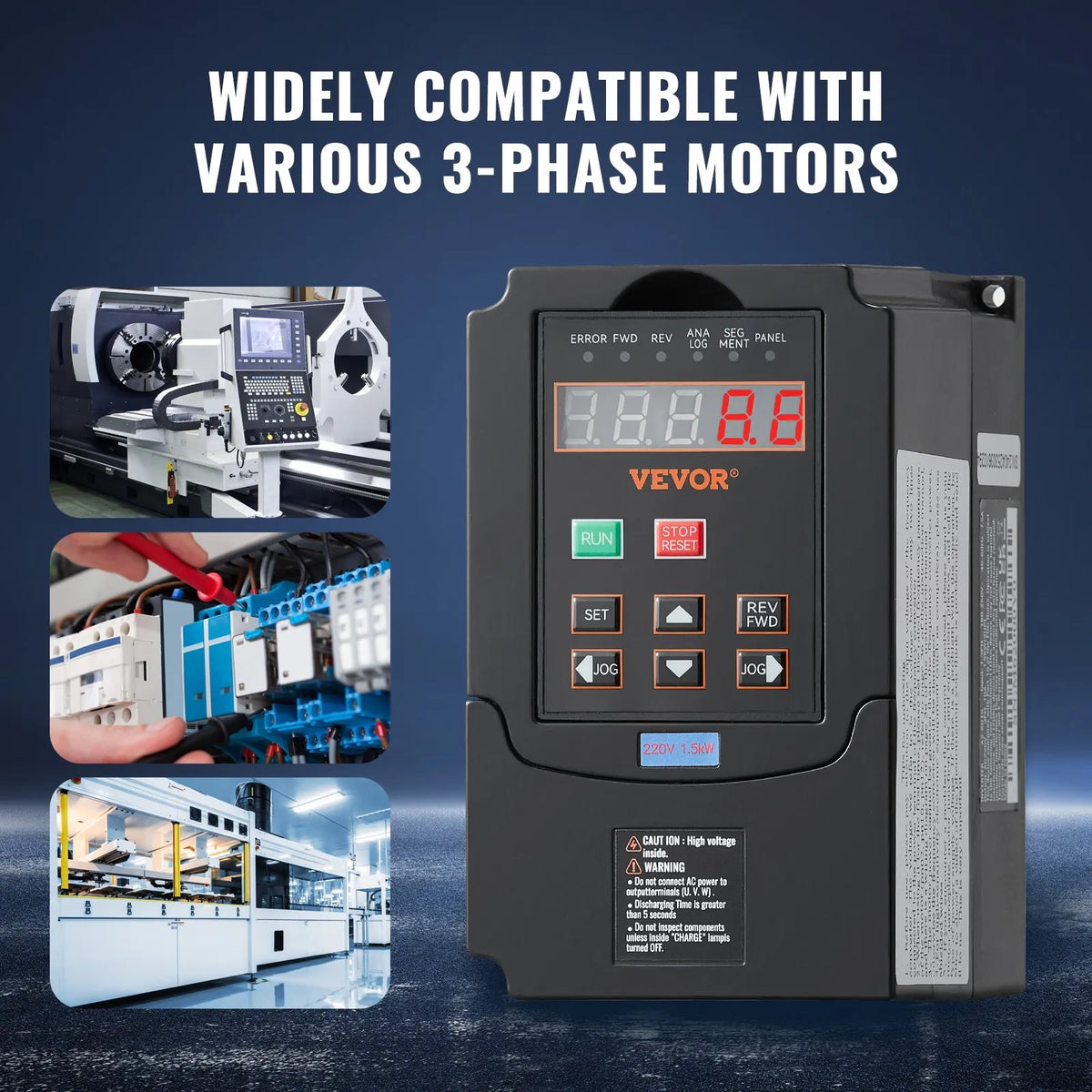VEVOR frekvences pārveidotājs 1,5 kW 7,5 A ar 220 V (1 vai 3 fāzes) ieeju uz 220 V trīsfāžu izeju, CNC invertors motora ātruma kontrolei - ZEMLETES.LV
