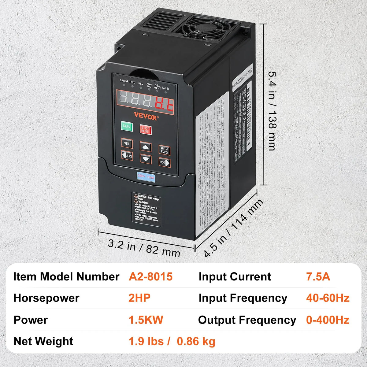 VEVOR frekvences pārveidotājs 1,5 kW 7,5 A ar 220 V (1 vai 3 fāzes) ieeju uz 220 V trīsfāžu izeju, CNC invertors motora ātruma kontrolei - ZEMLETES.LV