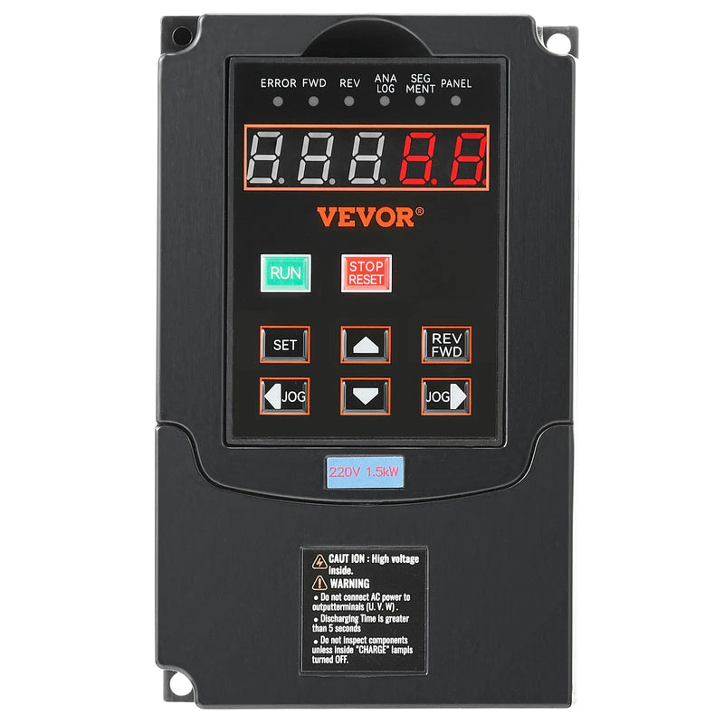 VEVOR frekvences pārveidotājs 1,5 kW 7,5 A ar 220 V (1 vai 3 fāzes) ieeju uz 220 V trīsfāžu izeju, CNC invertors motora ātruma kontrolei - ZEMLETES.LV