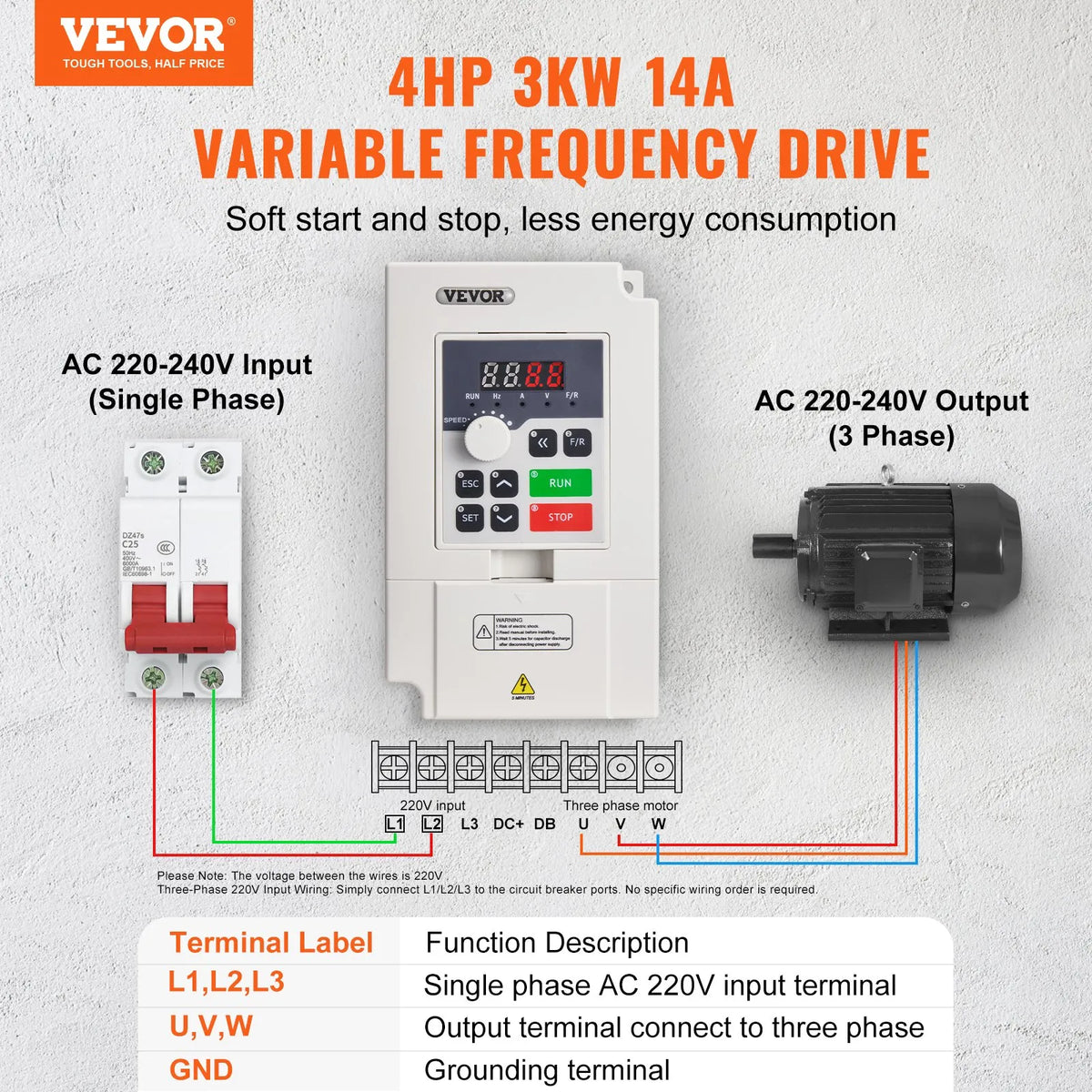 VEVOR frekvences pārveidotājs 3 kW 14 A ar 220 V (1 vai 3 fāzes) ieeju uz 3 fāžu 0–220 V izeju, 50/60 Hz ieeja un 0–2000 Hz izeja vārpstas motora ātruma kontrolei - ZEMLETES.LV
