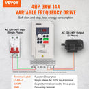 VEVOR frekvences pārveidotājs 3 kW 14 A ar 220 V (1 vai 3 fāzes) ieeju uz 3 fāžu 0–220 V izeju, 50/60 Hz ieeja un 0–2000 Hz izeja vārpstas motora ātruma kontrolei - ZEMLETES.LV