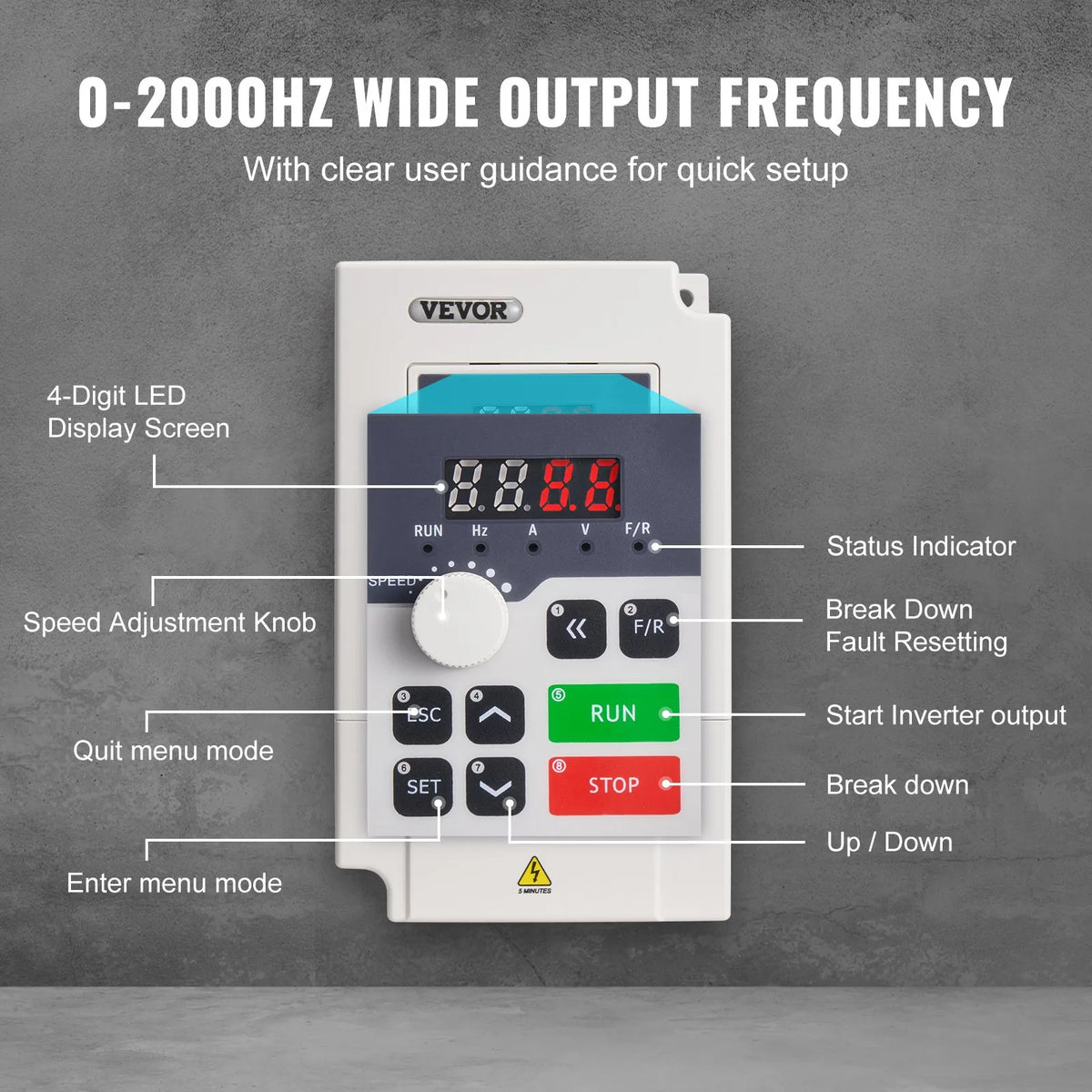VEVOR frekvences pārveidotājs 3 kW 14 A ar 220 V (1 vai 3 fāzes) ieeju uz 3 fāžu 0–220 V izeju, 50/60 Hz ieeja un 0–2000 Hz izeja vārpstas motora ātruma kontrolei - ZEMLETES.LV