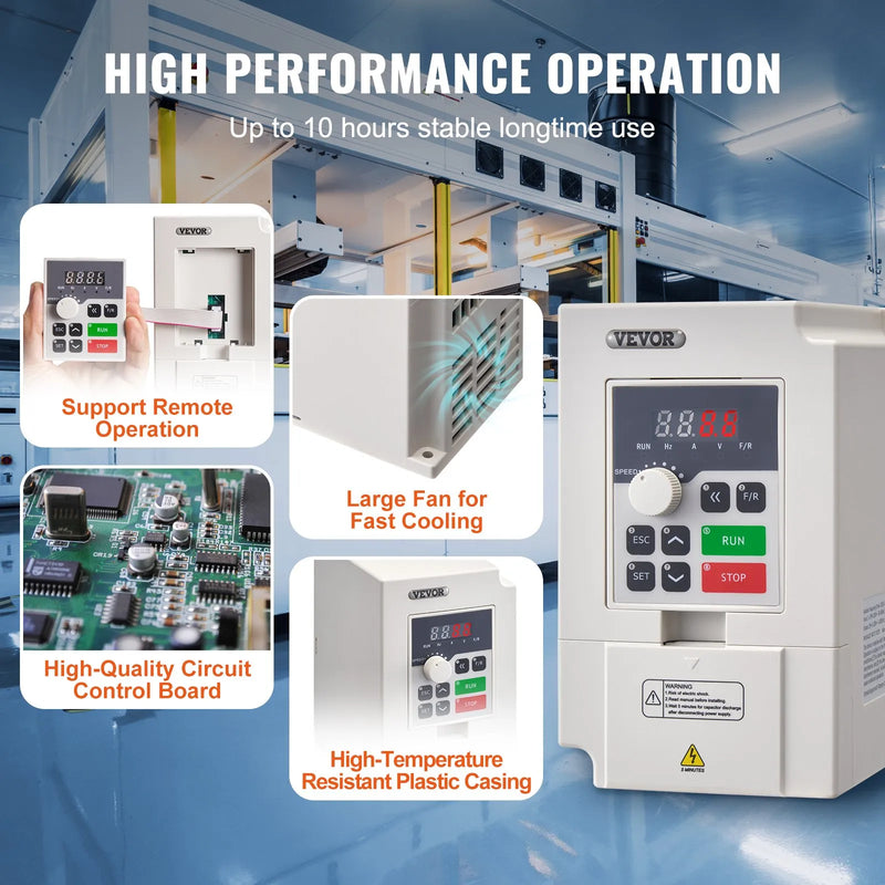 VEVOR frekvences pārveidotājs 3 kW 14 A ar 220 V (1 vai 3 fāzes) ieeju uz 3 fāžu 0–220 V izeju, 50/60 Hz ieeja un 0–2000 Hz izeja vārpstas motora ātruma kontrolei - ZEMLETES.LV