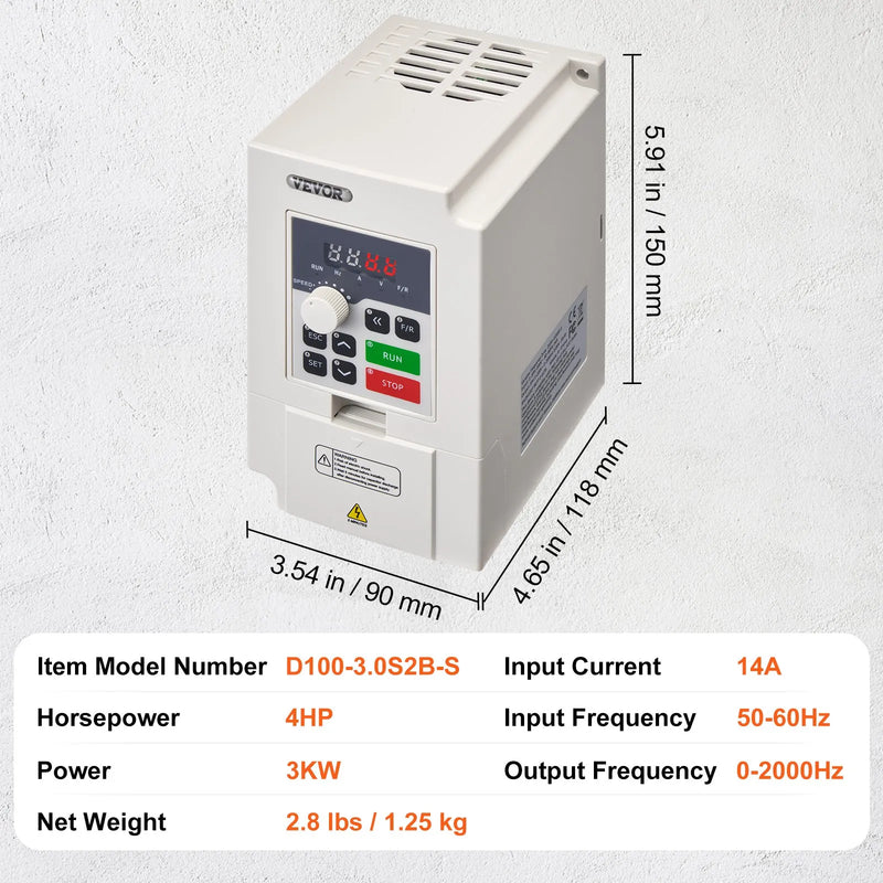 VEVOR frekvences pārveidotājs 3 kW 14 A ar 220 V (1 vai 3 fāzes) ieeju uz 3 fāžu 0–220 V izeju, 50/60 Hz ieeja un 0–2000 Hz izeja vārpstas motora ātruma kontrolei - ZEMLETES.LV