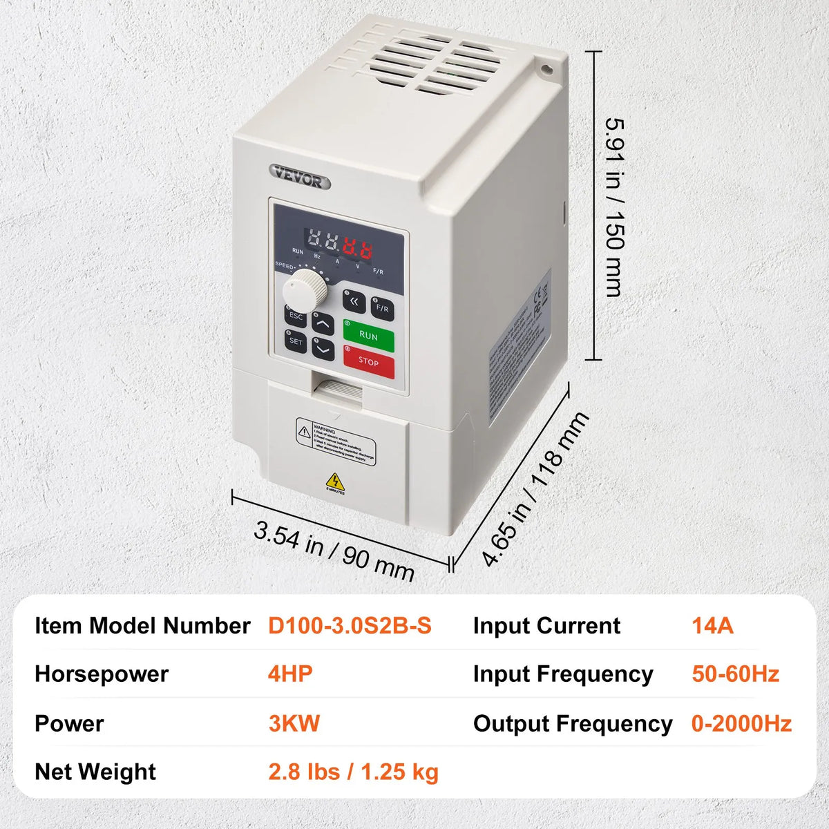VEVOR frekvences pārveidotājs 3 kW 14 A ar 220 V (1 vai 3 fāzes) ieeju uz 3 fāžu 0–220 V izeju, 50/60 Hz ieeja un 0–2000 Hz izeja vārpstas motora ātruma kontrolei - ZEMLETES.LV