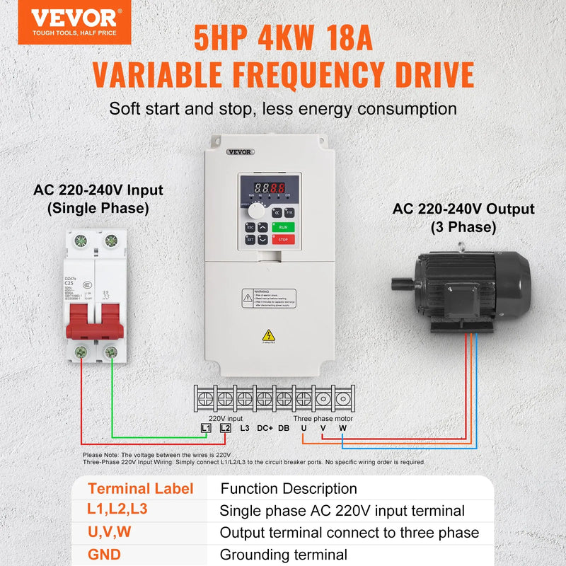 VEVOR frekvences pārveidotājs 4 kW 18 A ar 220 V (1 vai 3 fāzes) ieeju uz 3 fāžu 0–220 V izeju, 50/60 Hz ieeja un 0–2000 Hz izeja vārpstas motora ātruma kontrolei - ZEMLETES.LV