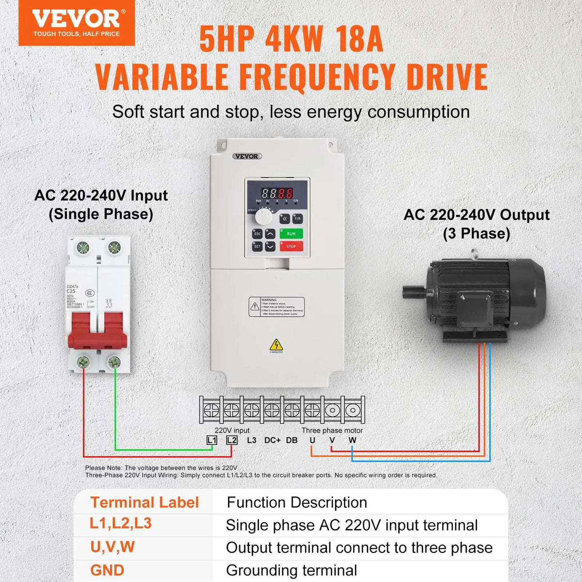 VEVOR frekvences pārveidotājs 4 kW 18 A ar 220 V (1 vai 3 fāzes) ieeju uz 3 fāžu 0–220 V izeju, 50/60 Hz ieeja un 0–2000 Hz izeja vārpstas motora ātruma kontrolei - ZEMLETES.LV