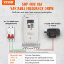 VEVOR frekvences pārveidotājs 4 kW 18 A ar 220 V (1 vai 3 fāzes) ieeju uz 3 fāžu 0–220 V izeju, 50/60 Hz ieeja un 0–2000 Hz izeja vārpstas motora ātruma kontrolei - ZEMLETES.LV