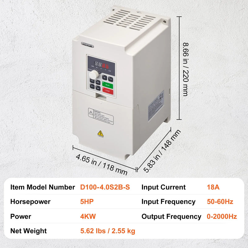 VEVOR frekvences pārveidotājs 4 kW 18 A ar 220 V (1 vai 3 fāzes) ieeju uz 3 fāžu 0–220 V izeju, 50/60 Hz ieeja un 0–2000 Hz izeja vārpstas motora ātruma kontrolei - ZEMLETES.LV