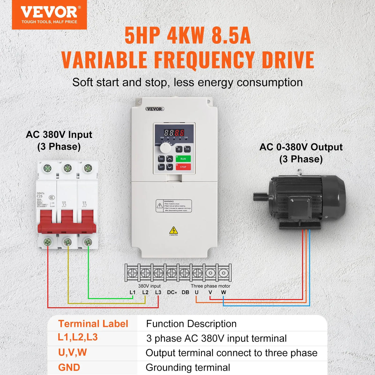 VEVOR frekvences pārveidotājs 4 kW 8,5 A ar 3 fāžu 380 V ieeju uz 3 fāžu 0–380 V izeju, 50/60 Hz ieeja un 0–2000 Hz izeja vārpstas motora ātruma kontrolei - ZEMLETES.LV