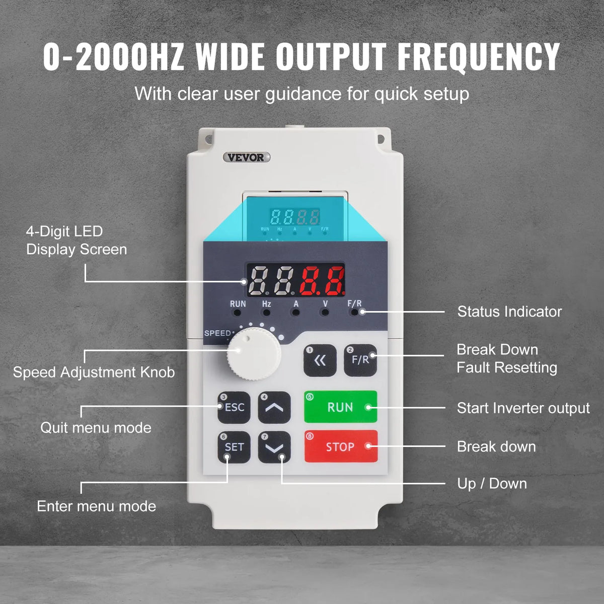 VEVOR frekvences pārveidotājs 4 kW 8,5 A ar 3 fāžu 380 V ieeju uz 3 fāžu 0–380 V izeju, 50/60 Hz ieeja un 0–2000 Hz izeja vārpstas motora ātruma kontrolei - ZEMLETES.LV