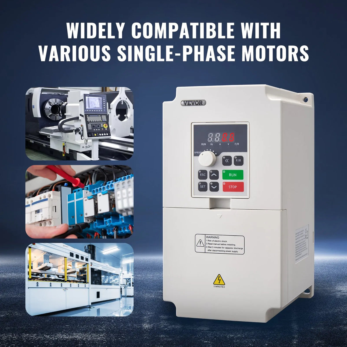 VEVOR frekvences pārveidotājs 4 kW 8,5 A ar 3 fāžu 380 V ieeju uz 3 fāžu 0–380 V izeju, 50/60 Hz ieeja un 0–2000 Hz izeja vārpstas motora ātruma kontrolei - ZEMLETES.LV