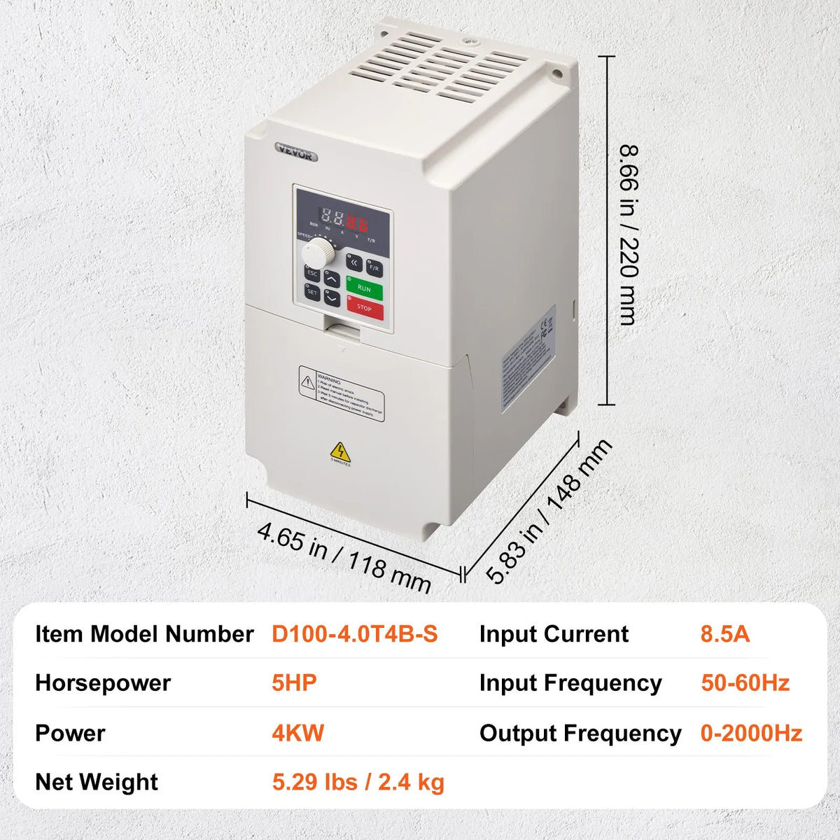 VEVOR frekvences pārveidotājs 4 kW 8,5 A ar 3 fāžu 380 V ieeju uz 3 fāžu 0–380 V izeju, 50/60 Hz ieeja un 0–2000 Hz izeja vārpstas motora ātruma kontrolei - ZEMLETES.LV