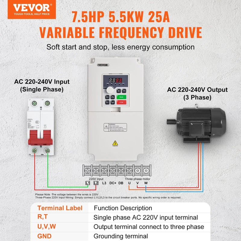 VEVOR frekvences pārveidotājs 5,5 kW 25 A ar 220 V (1 vai 3 fāzes) ieeju uz 3 fāžu 0–220 V izeju, 50/60 Hz ieeja un 0–2000 Hz izeja vārpstas motora ātruma kontrolei - ZEMLETES.LV