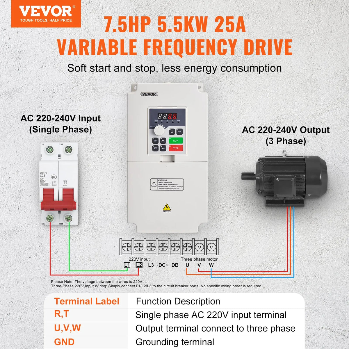 VEVOR frekvences pārveidotājs 5,5 kW 25 A ar 220 V (1 vai 3 fāzes) ieeju uz 3 fāžu 0–220 V izeju, 50/60 Hz ieeja un 0–2000 Hz izeja vārpstas motora ātruma kontrolei - ZEMLETES.LV