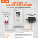 VEVOR frekvences pārveidotājs 5,5 kW 25 A ar 220 V (1 vai 3 fāzes) ieeju uz 3 fāžu 0–220 V izeju, 50/60 Hz ieeja un 0–2000 Hz izeja vārpstas motora ātruma kontrolei - ZEMLETES.LV