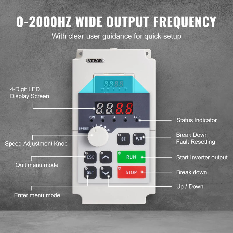 VEVOR frekvences pārveidotājs 5,5 kW 25 A ar 220 V (1 vai 3 fāzes) ieeju uz 3 fāžu 0–220 V izeju, 50/60 Hz ieeja un 0–2000 Hz izeja vārpstas motora ātruma kontrolei - ZEMLETES.LV
