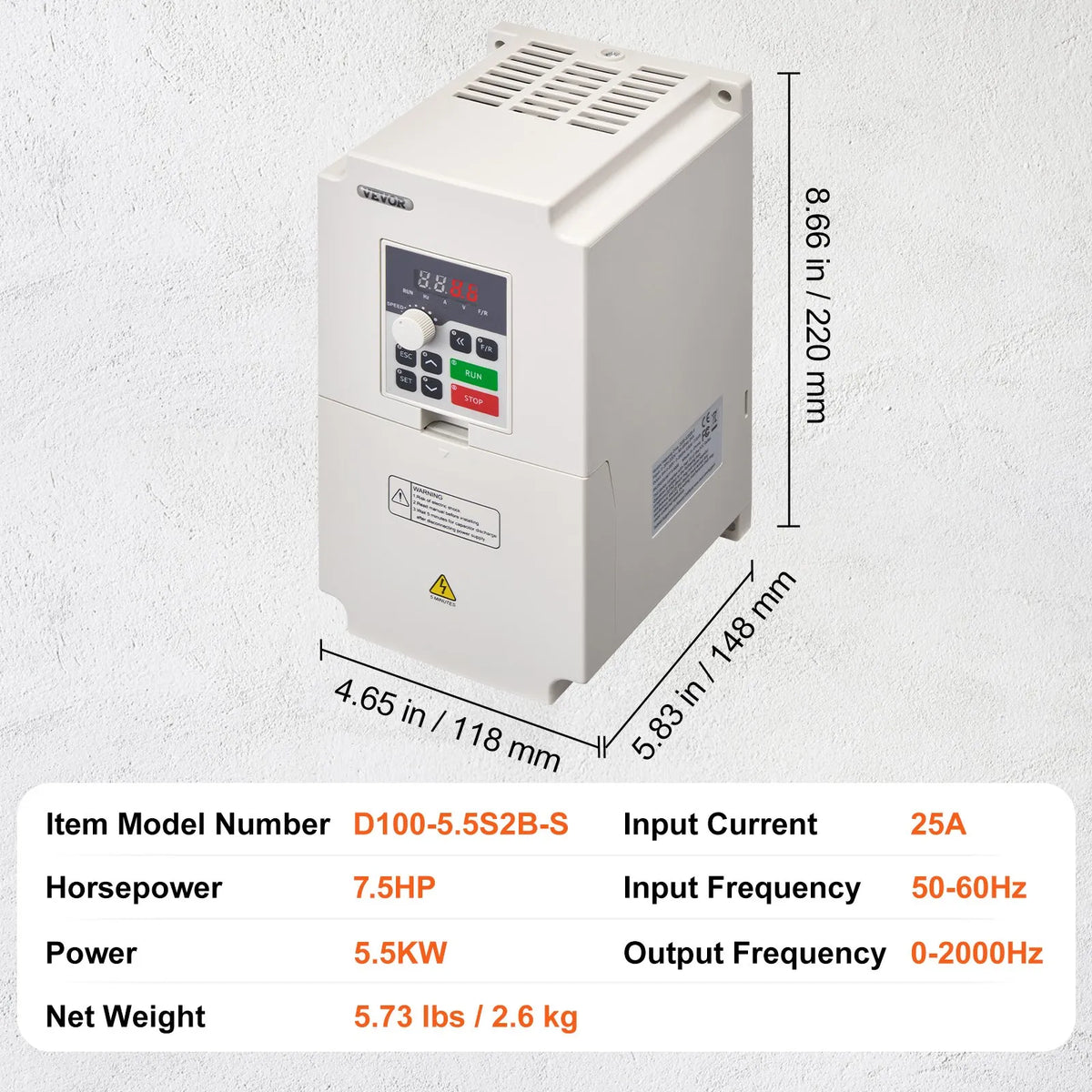 VEVOR frekvences pārveidotājs 5,5 kW 25 A ar 220 V (1 vai 3 fāzes) ieeju uz 3 fāžu 0–220 V izeju, 50/60 Hz ieeja un 0–2000 Hz izeja vārpstas motora ātruma kontrolei - ZEMLETES.LV