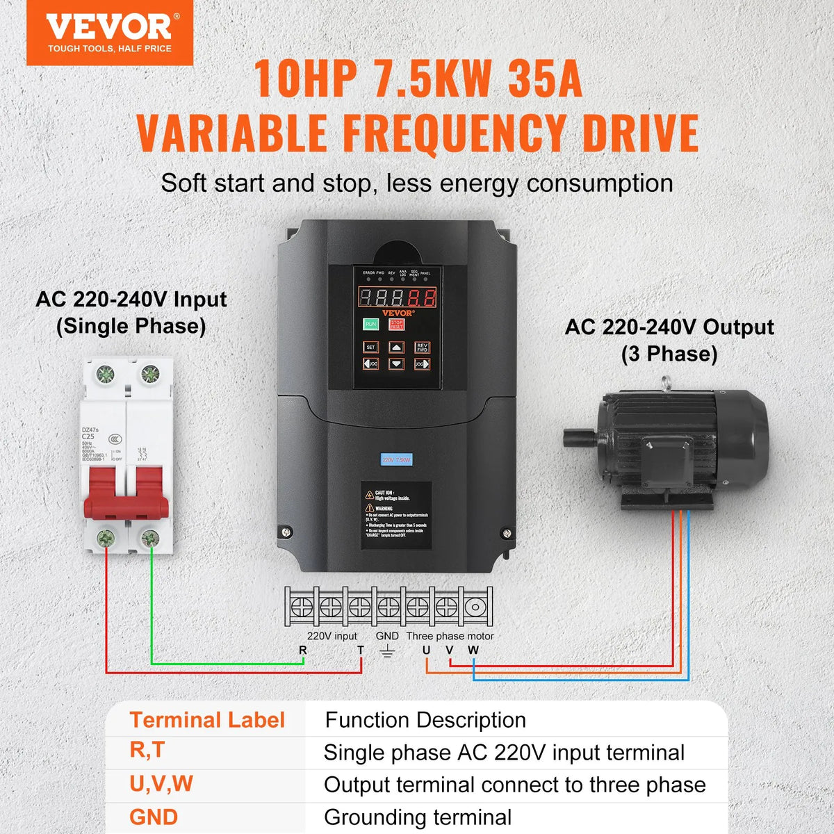 VEVOR frekvences pārveidotājs 7,5 kW 35 A ar 1 vai 3 fāžu 220 V ieeju uz 3 fāžu 220 V izeju, 40–60 Hz ieeja un 0–400 Hz izeja CNC vārpstas motora ātruma kontrolei - ZEMLETES.LV