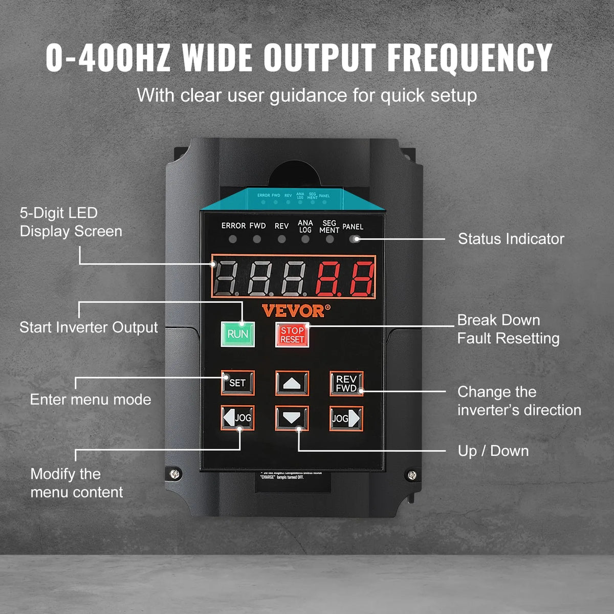 VEVOR frekvences pārveidotājs 7,5 kW 35 A ar 1 vai 3 fāžu 220 V ieeju uz 3 fāžu 220 V izeju, 40–60 Hz ieeja un 0–400 Hz izeja CNC vārpstas motora ātruma kontrolei - ZEMLETES.LV