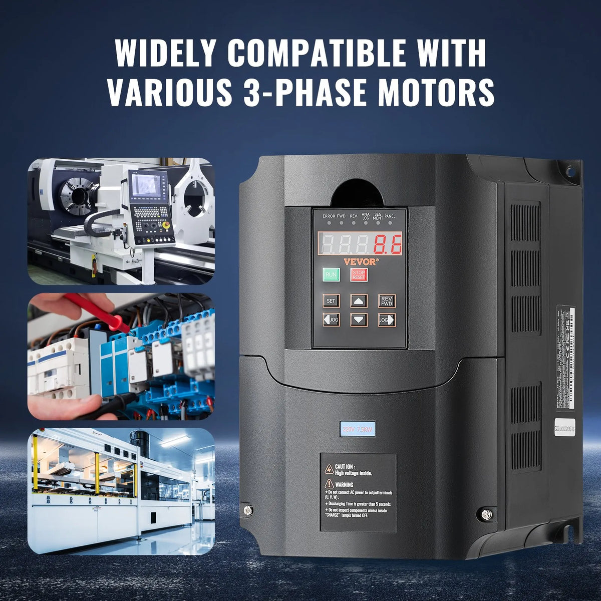 VEVOR frekvences pārveidotājs 7,5 kW 35 A ar 1 vai 3 fāžu 220 V ieeju uz 3 fāžu 220 V izeju, 40–60 Hz ieeja un 0–400 Hz izeja CNC vārpstas motora ātruma kontrolei - ZEMLETES.LV