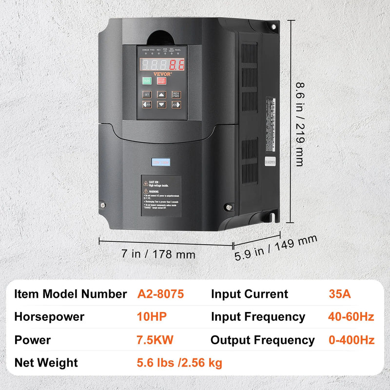 VEVOR frekvences pārveidotājs 7,5 kW 35 A ar 1 vai 3 fāžu 220 V ieeju uz 3 fāžu 220 V izeju, 40–60 Hz ieeja un 0–400 Hz izeja CNC vārpstas motora ātruma kontrolei - ZEMLETES.LV
