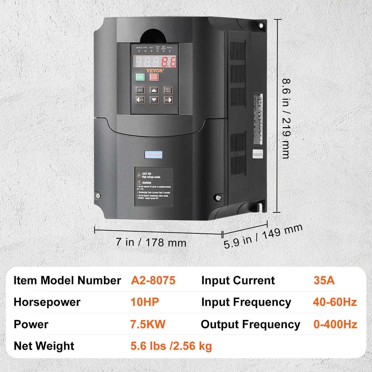 VEVOR frekvences pārveidotājs 7,5 kW 35 A ar 1 vai 3 fāžu 220 V ieeju uz 3 fāžu 220 V izeju, 40–60 Hz ieeja un 0–400 Hz izeja CNC vārpstas motora ātruma kontrolei - ZEMLETES.LV