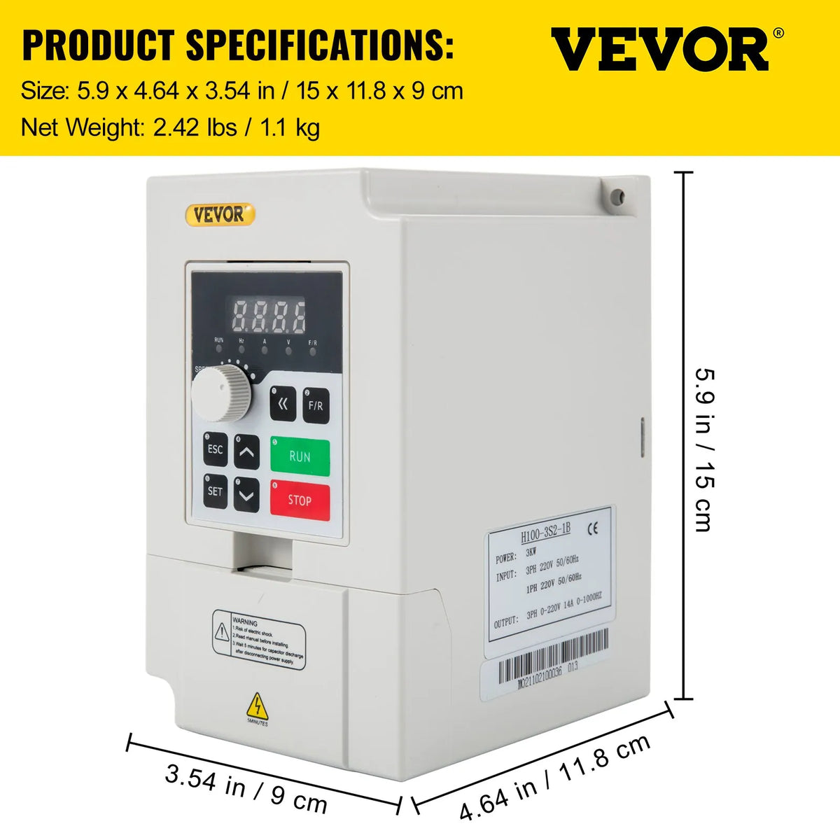 VEVOR frekvences pārveidotājs 3 kW ar 220 V ieeju (1 vai 3 fāzes) uz 3 fāžu 220 V izeju, CNC invertors motora ātruma kontrolei - ZEMLETES.LV